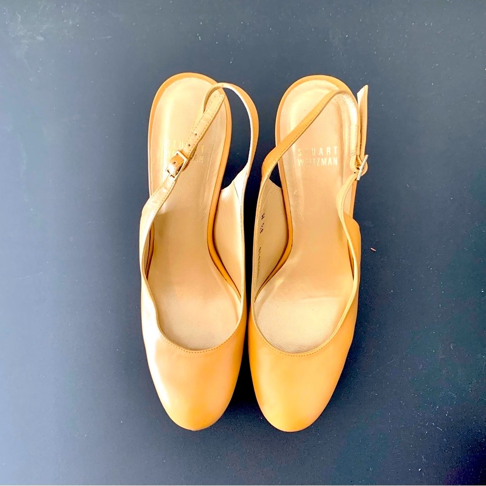 Stuart Weitzman Almond Butter Leather Platform Slingback Heels - Picture 5 of 16